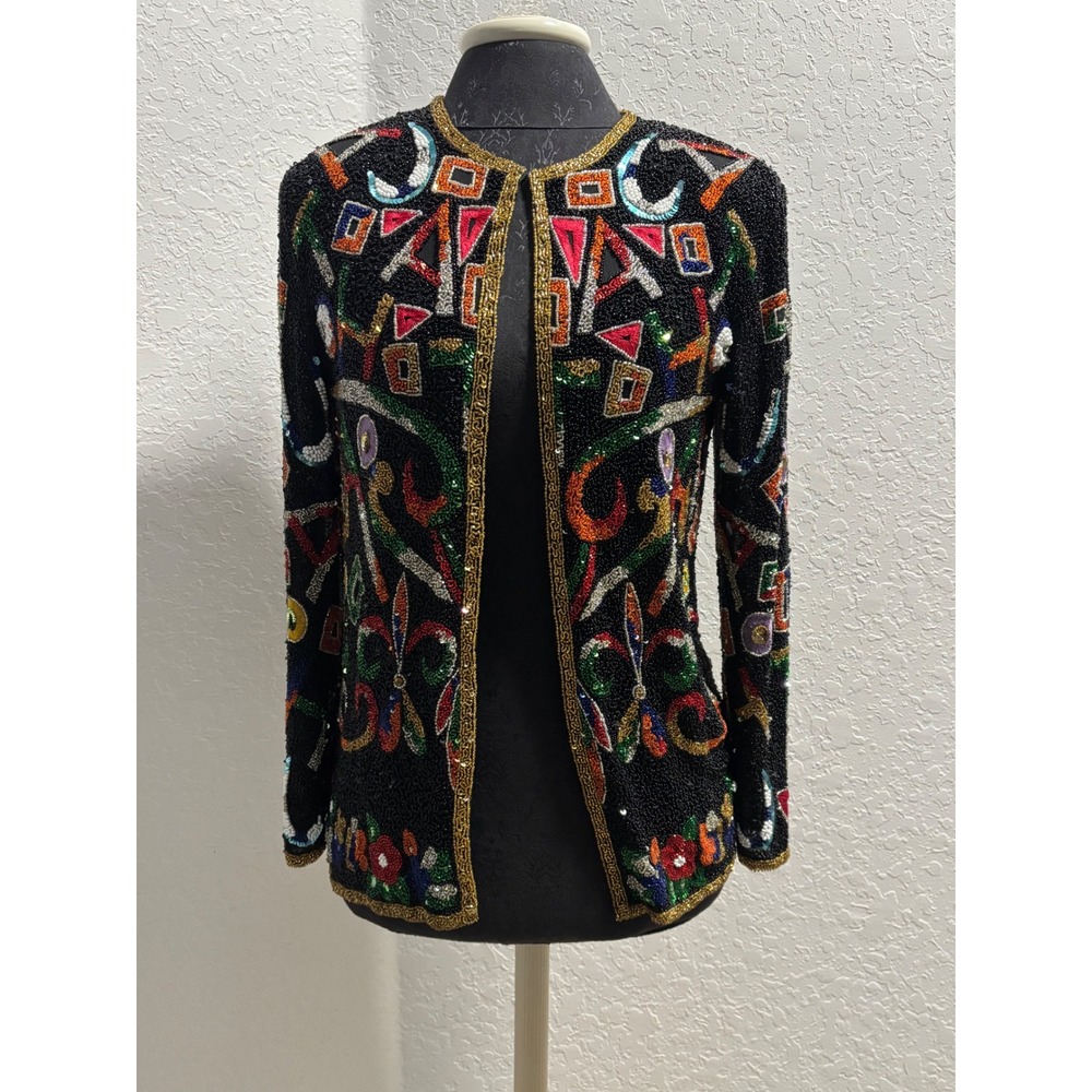 Laurence Kazar Vintage Beaded Silk Jacket Black Multicolor Geometric Floral L